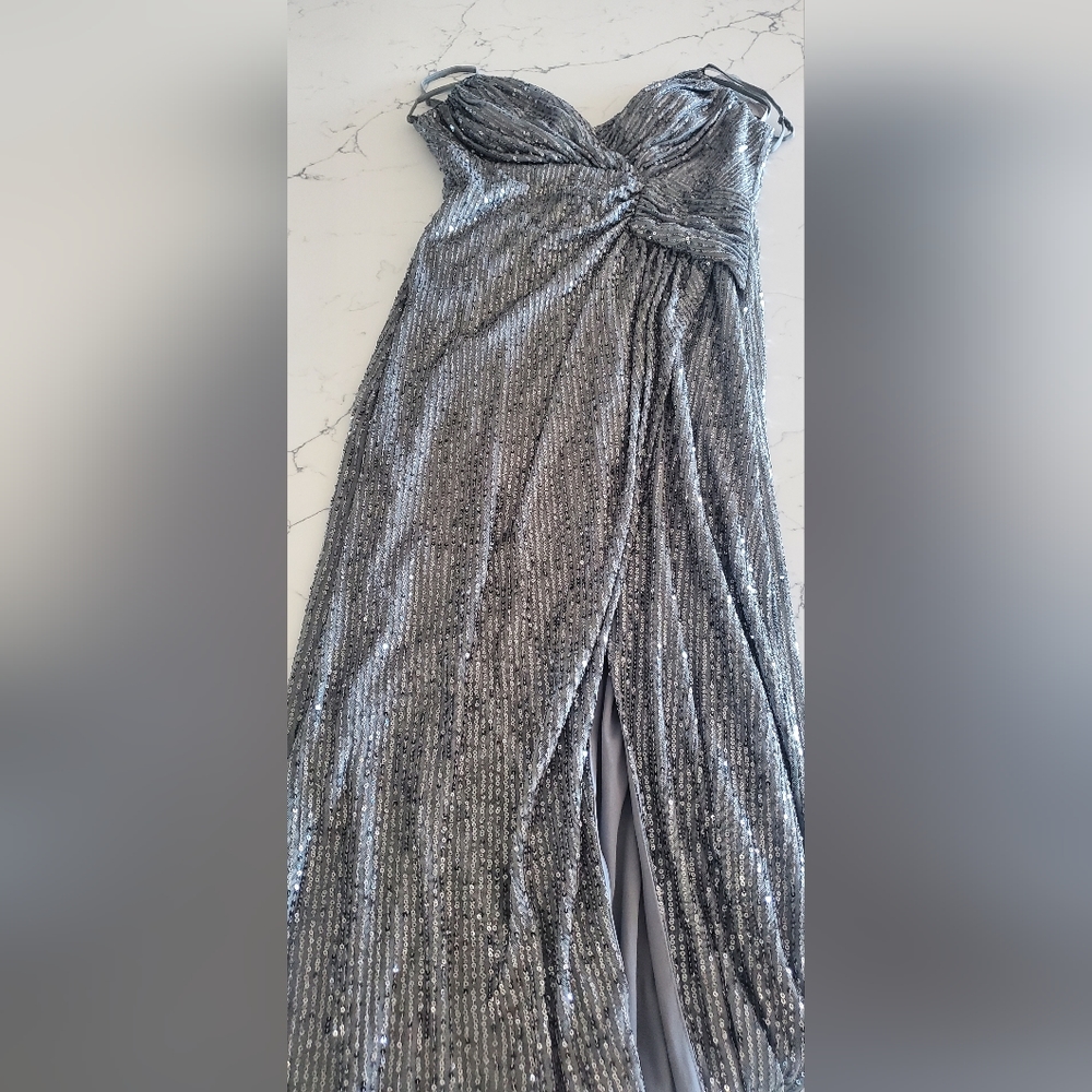 Gunmetal silver sequin formal dress with slit, fits like a glove.